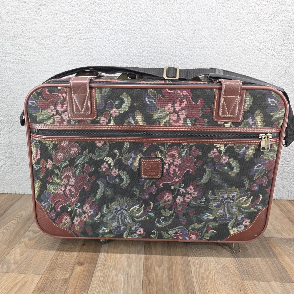 Vintage American Flyer Floral Tapestry Rolling Suitcase Carry On Bag Brown Trim